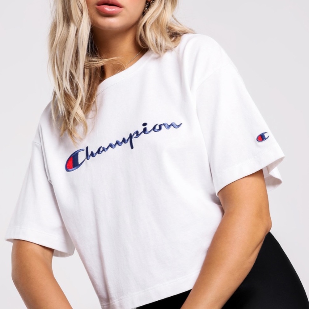Champion Embroidered Script White Cropped Tee